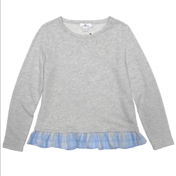 Vineyard Vines Grey & Blue Plaid Ruffle Sweatshirt - Picture 1 of 4